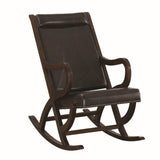 Benzara Faux Leather Upholstered Wooden Rocking Chair with Looped Arms, Brown BM193886 Brown Wood and Faux Leather BM193886