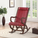 Benzara Faux Leather Upholstered Wooden Rocking Chair with Looped Arms, Brown and Red BM193887 Brown and Red Wood and Faux Leather BM193887