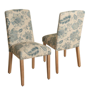 Benzara Wooden Dining Chairs with Floral Patterned Fabric Upholstered Seating, Beige and Blue, Set of Two BM193939 Beige and Blue Wood and Fabric BM193939