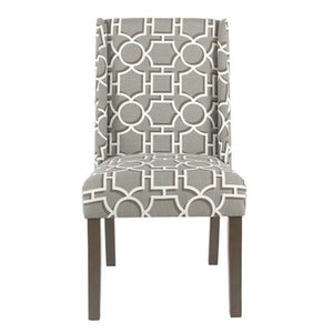 Benzara Wooden Parson Dining Chairs with Trellis Patterned Fabric Upholstered Seating, Gray, Set of Two BM193942 Gray Wood and Fabric BM193942