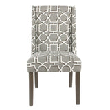 Benzara Wooden Parson Dining Chairs with Trellis Patterned Fabric Upholstered Seating, Gray, Set of Two BM193942 Gray Wood and Fabric BM193942