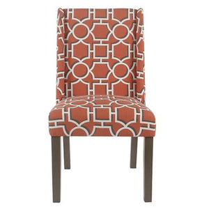 Benzara Wooden Parson Dining Chairs with Trellis Patterned Fabric Upholstered Seating, Red, Set of Two BM193943 Red Wood and Fabric BM193943