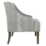 Benzara Geometric Pattern Fabric Upholstered Wooden Accent Chair with Sloped Armrests, Gray and White BM193961 Gray and White Fabric and Wood BM193961