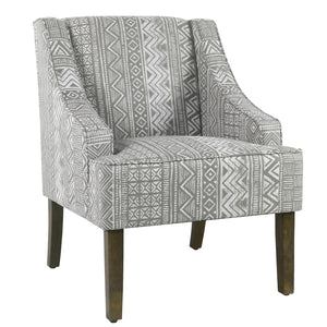 Benzara Geometric Pattern Fabric Upholstered Wooden Accent Chair with Sloped Armrests, Gray and White BM193961 Gray and White Fabric and Wood BM193961