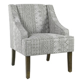 Geometric Pattern Fabric Upholstered Wooden Accent Chair with Sloped Armrests, Gray and White
