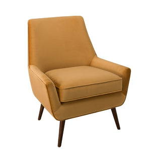 Benzara Velvet Upholstered Wooden Accent Chair with Flared Armrests, Orange and Brown BM193964 Orange and Brown Velvet and Wood BM193964