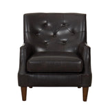 Button Tufted Faux Leather Upholstered Wooden Accent Chair with Track Armrests, Black and Brown