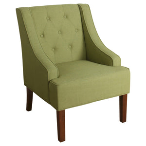 Benzara Button Tufted Swoop Arm  Wooden Accent Chair with Block Legs, Green and Brown BM193968 Green and Brown Fabric and Wood BM193968