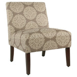 Benzara Medallion Printed Fabric Upholstered Wooden Accent Chair with Blocked Legs, Brown and Cream BM193970 Brown and Cream Fabric and Wood BM193970