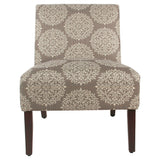 Medallion Printed Fabric Upholstered Wooden Accent Chair with Blocked Legs, Brown and Cream