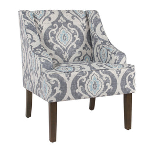 Benzara Fabric Upholstered Wooden Accent Chair with Swooping Armrests and Damask Pattern Design, Multicolor BM193999 Multicolor Wood and Fabric BM193999