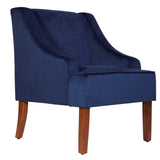 Velvet Fabric Upholstered Wooden Accent Chair with Swooping Armrests, Blue and Brown