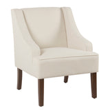 Benzara Fabric Upholstered Wooden Accent Chair with Swooping Armrests, Cream and Brown BM194014 Cream and Brown Wood and Fabric BM194014