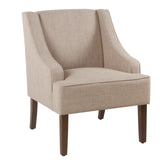 Fabric Upholstered Wooden Accent Chair with Swooping Armrests, Beige and Brown