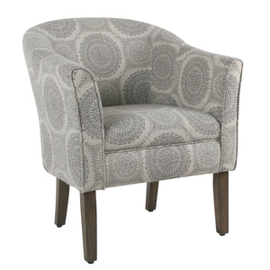 Benzara Wood and Fabric Barrel Style Accent Chair with Medallion Pattern, Gray and Brown BM194025 Gray and Brown Wood and Fabric BM194025