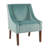 Benzara Fabric Upholstered Swooped Accent Chair with Wooden Legs, Blue and Brown BM194036 Blue and Brown Wood and Fabric BM194036