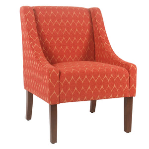 Benzara Fabric Upholstered Wooden Accent Chair with Swooping Arms and Geometric Pattern, Red and Brown BM194043 Red and Brown Wood and Fabric BM194043