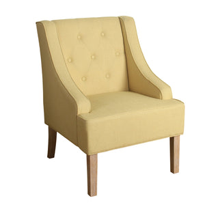 Benzara Fabric Upholstered Wooden Accent Chair with Button Tufting, Yellow and Brown BM194061 Yellow and Brown Wood and Fabric BM194061