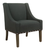 Fabric Upholstered Accent Chair with Swooping Arms and Nail Head Trim, Black and Brown