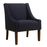 Benzara Fabric Upholstered Accent Chair with Swooping Arms and Nail Head Trim, Blue and Brown BM194074 Blue and Brown Wood and Fabric BM194074