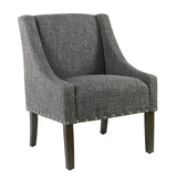 Fabric Upholstered Wooden Accent Chair with Swooping Arms and Nail Head Trim, Gray and Brown