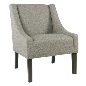 Benzara Fabric Upholstered Wooden Accent Chair with Swooping Arms and Nail Head Trim, Light Gray and Brown BM194077 Gray and Brown Wood and Fabric BM194077