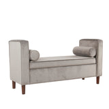 Benzara Velvet Upholstered Wooden Bench with Lift Top Storage and Two Bolster Pillows, Gray BM194081 Gray Wood Plywood and Velvet BM194081