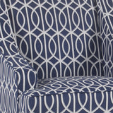 Benzara Wooden Fabric Upholstered Accent Chair with Swooping Armrests, Multicolor BM194147 Blue, White & Brown Wood and Fabric BM194147