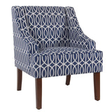 Benzara Wooden Fabric Upholstered Accent Chair with Swooping Armrests, Multicolor BM194147 Blue, White & Brown Wood and Fabric BM194147