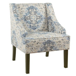 Benzara Fabric Upholstered Wooden Accent Chair with Swooping Armrests, Blue, Cream and Brown BM194148 Cream, Blue & Brown Wood and Fabric BM194148