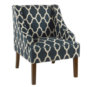 Benzara Fabric Upholstered Accent Chair with Wooden Legs and Swooping Armrests, Multicolor BM194149 Blue, White & Brown Wood and Fabric BM194149