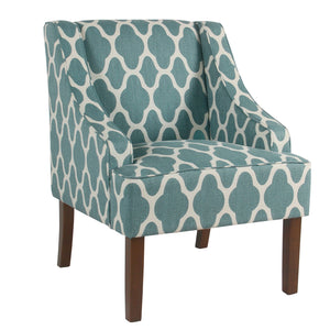 Benzara Fabric Upholstered Wooden Accent Chair with Swooping Armrests, Blue, White and Brown BM194151 Blue, White & Brown Wood and Fabric BM194151