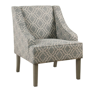 Benzara Trellis Pattern Fabric Upholstered Wooden Accent Chair with Swooping Armrests, Gray, White and Brown BM194152 Gray, White & Brown Wood and Fabric BM194152