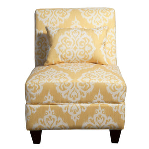 Benzara Fabric Upholstered Wooden Armless Accent Chair with Toss Pillow, Yellow, White and Brown BM194153 Yellow,White & Brown Wood and Fabric BM194153