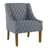 Benzara Fabric Upholstered Wooden Accent Chair with Swooping Arms and Geometric Pattern, Blue and Brown BM194154 Blue, White & Brown Wood and Fabric BM194154