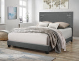 Benzara Transitional Fabric Upholstered Queen Bed with Block Legs and Nail Head Trims, Gray BM194243 Gray and Brown Wood and Fabric BM194243