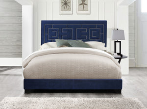 Benzara Transitional Fabric Upholstered Queen Bed with Block Legs and Nail Head Trims, Blue BM194245 Blue and Brown Wood and Fabric BM194245