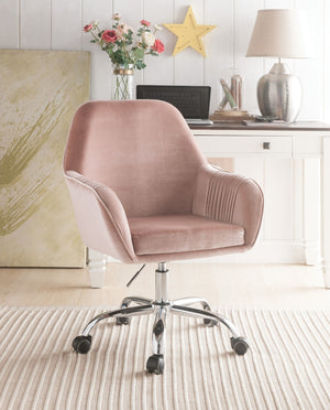 Benzara Adjustable Velvet Upholstered Swivel Office Chair with Slopped Armrests, Pink and Silver BM194303 Pink and Silver Metal, velvet , Engineered Wood BM194303