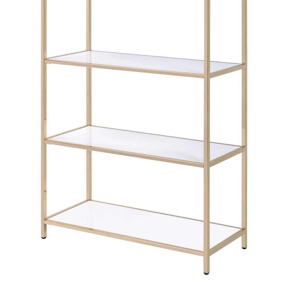 Benzara Tubular Metal Frame Bookshelf with 4 Shelves, White and Gold BM194313 White, Gold Metal, Solid Wood BM194313
