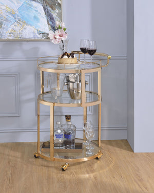 Benzara Three Tiered Metal Serving Cart with Glass Inserted Shelves and Curved Side Handle, Gold BM194341 Gold Metal and Glass BM194341