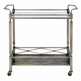 Benzara Two Tiered Metal Serving Cart with Glass Shelves and Side Rails, Antique Gold BM194344 Gold Metal and Glass BM194344