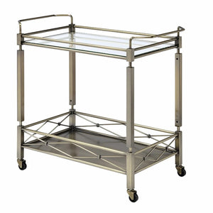 Benzara Two Tiered Metal Serving Cart with Glass Shelves and Side Rails, Antique Gold BM194344 Gold Metal and Glass BM194344