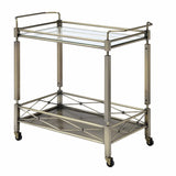 Benzara Two Tiered Metal Serving Cart with Glass Shelves and Side Rails, Antique Gold BM194344 Gold Metal and Glass BM194344