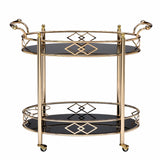 Benzara Metal Framed Serving Cart with Tempered Glass Top and Open Bottom Shelf, Gold and Black BM194345 Gold and Black Metal and Glass BM194345