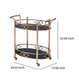 Benzara Metal Framed Serving Cart with Tempered Glass Top and Open Bottom Shelf, Gold and Black BM194345 Gold and Black Metal and Glass BM194345