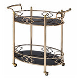 Benzara Metal Framed Serving Cart with Tempered Glass Top and Open Bottom Shelf, Gold and Black BM194345 Gold and Black Metal and Glass BM194345