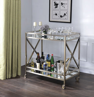 Benzara Open Metal Frame 2 Tier Mirrored Serving Cart, Antique Gold and Silver BM194346 Silver and Clear Metal, Mirror, Glass BM194346