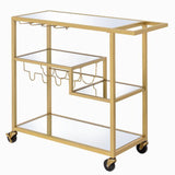 Benzara Metal Framed Serving Cart with Wine Bottle Holder and Stemware, Gold and Clear BM194348 Gold and Clear Metal, Mirror, Glass BM194348