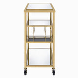 Benzara Metal Framed Serving Cart with Wine Bottle Holder and Stemware, Gold and Clear BM194348 Gold and Clear Metal, Mirror, Glass BM194348