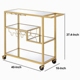 Benzara Metal Framed Serving Cart with Wine Bottle Holder and Stemware, Gold and Clear BM194348 Gold and Clear Metal, Mirror, Glass BM194348